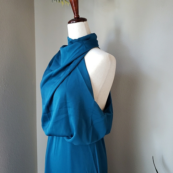 Draped Satin Asymmetric High Neck Sleeveless Midi Dress - Picture 6 of 12